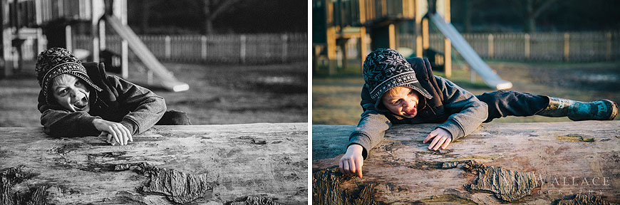 Boy, falling off a log at Cawthorne Park