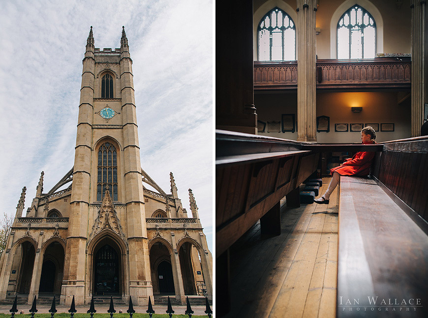 Girl in red coat sat in St Luke's church