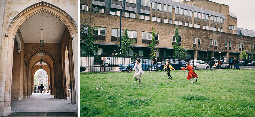 Children chasing each other, playing outside St. Luke's church in Chelsea