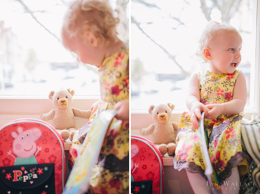 A toddler reads her bear a story at dell’ Arancio in London