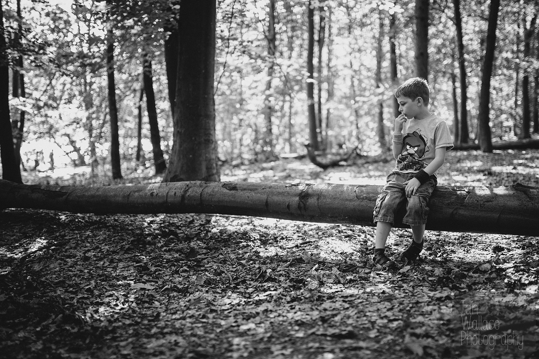 Black and white photo of a boy sat on a log in woodland