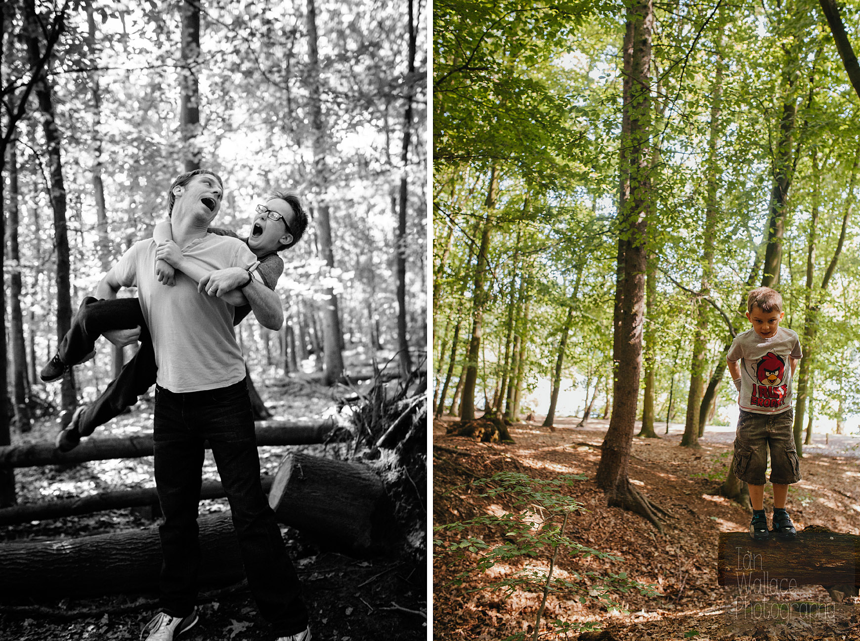 Father and sons playing around in woodland