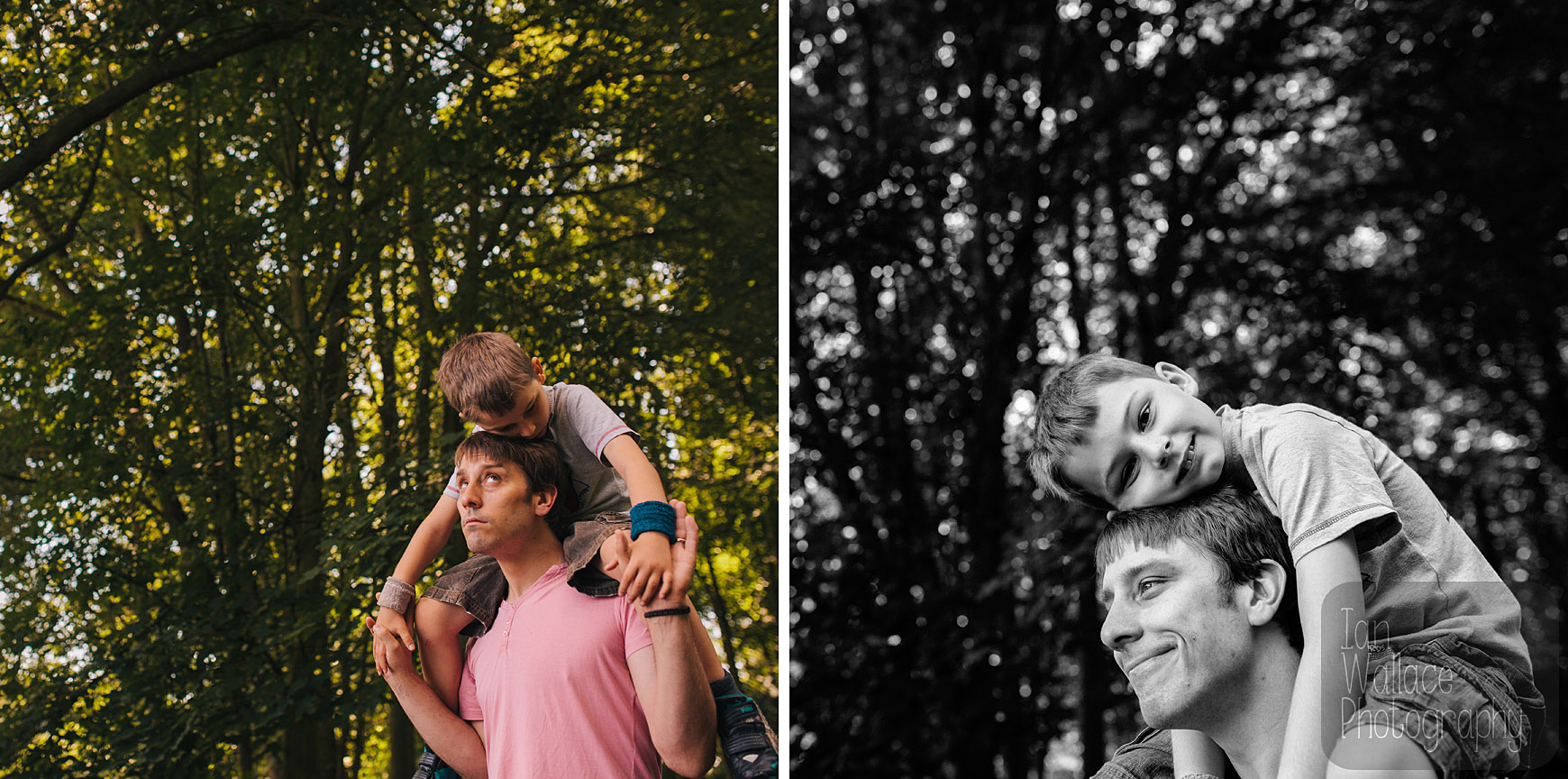 Natural photos of a father giving his son a piggy back ride