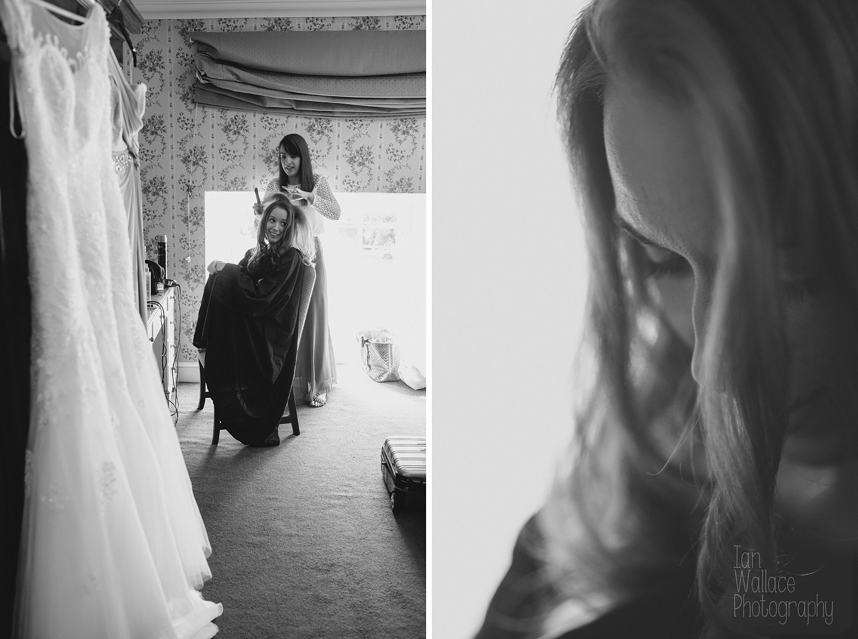 Bride with the hair dresser at Hazlewood Castle