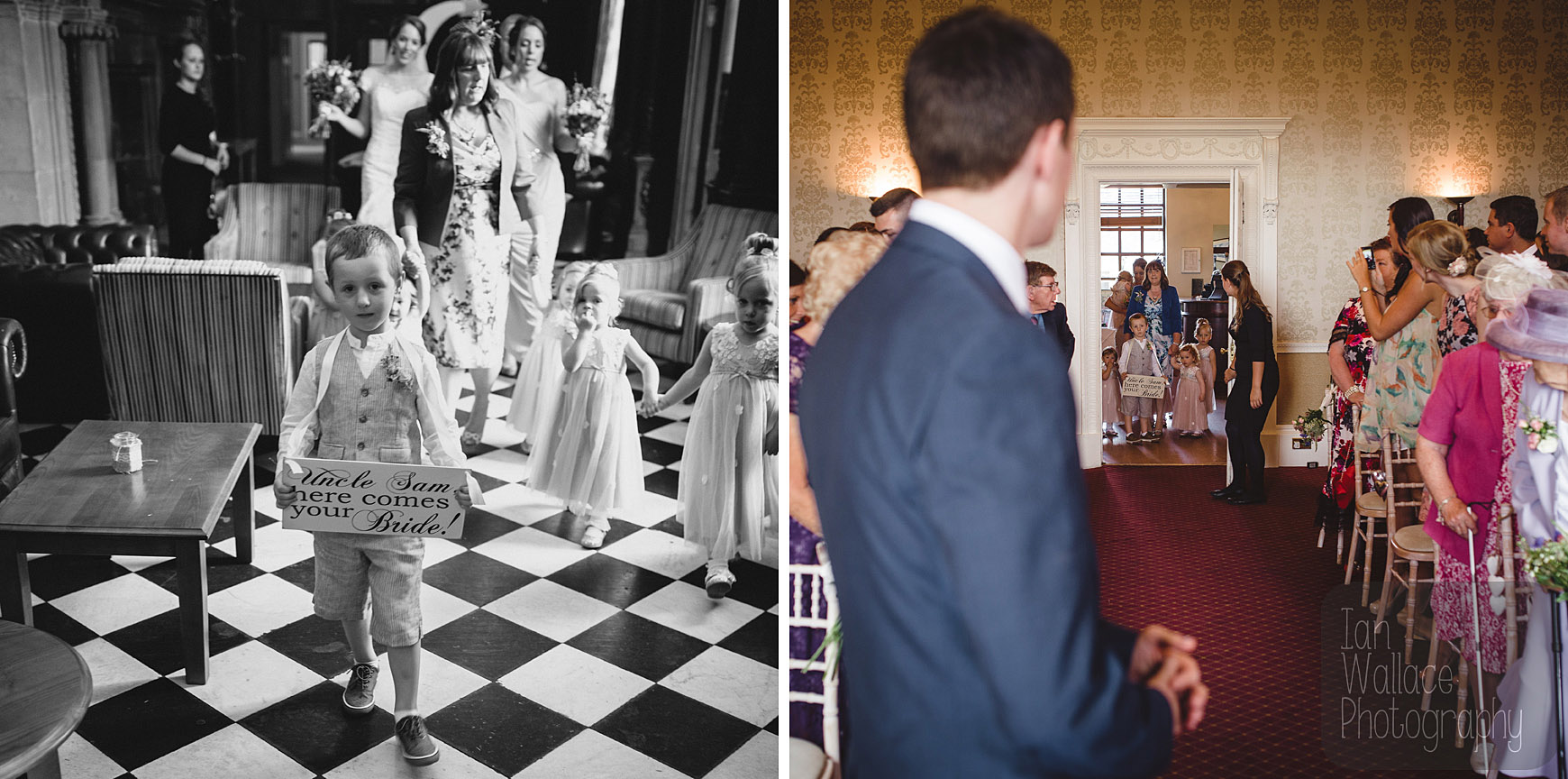 The bridal party prepare to enter the ceremony room. The groom waits.