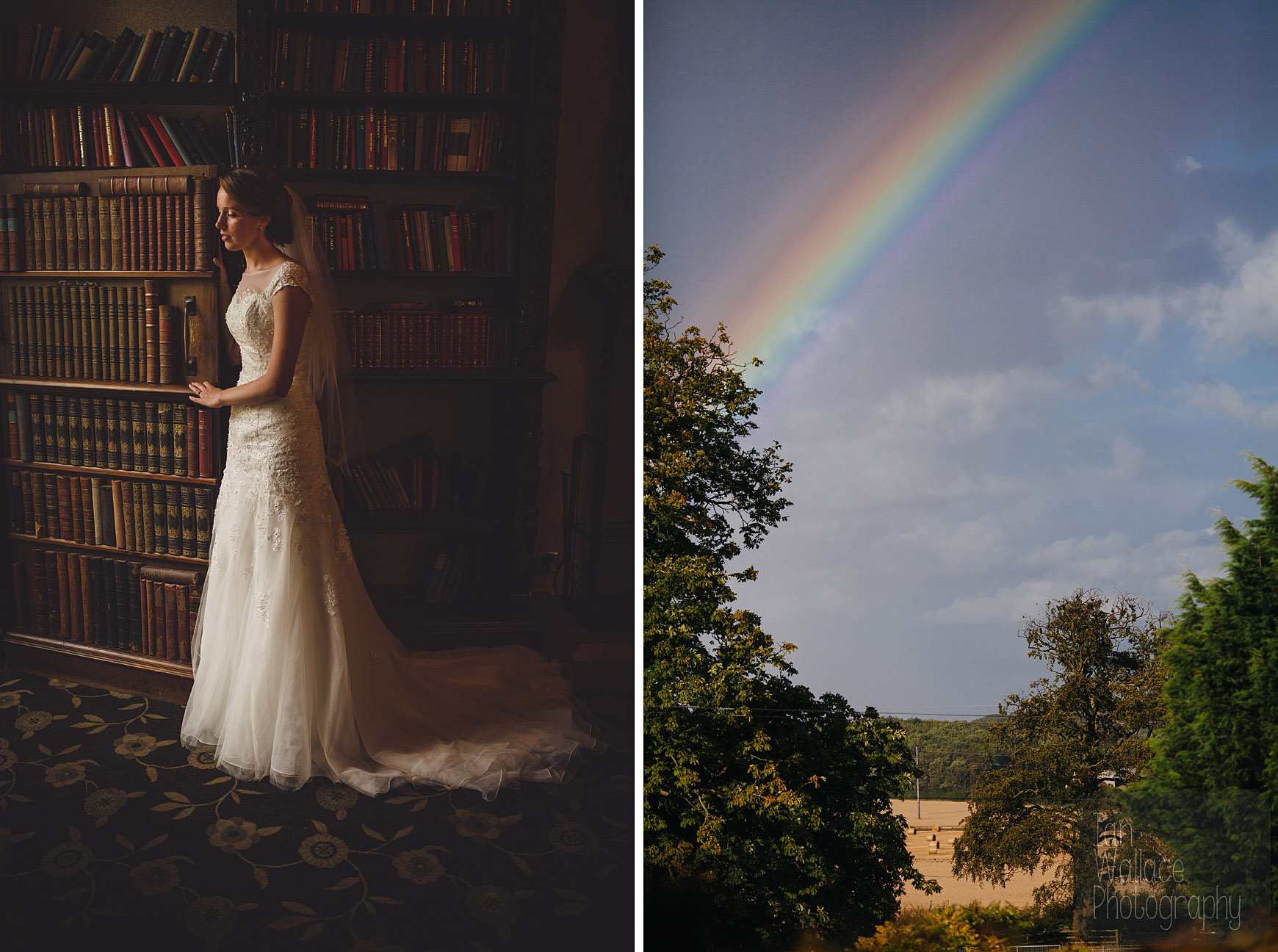 We got a rainbow! Also, the bride in a fine art photo against a secret staircase in the library
