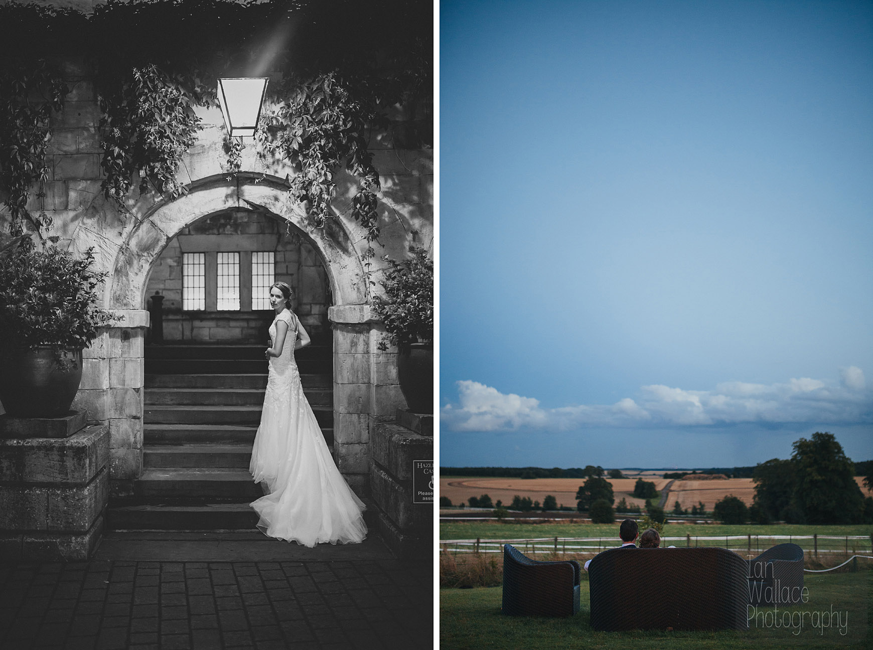 Portraits of bride and groom at dusk.