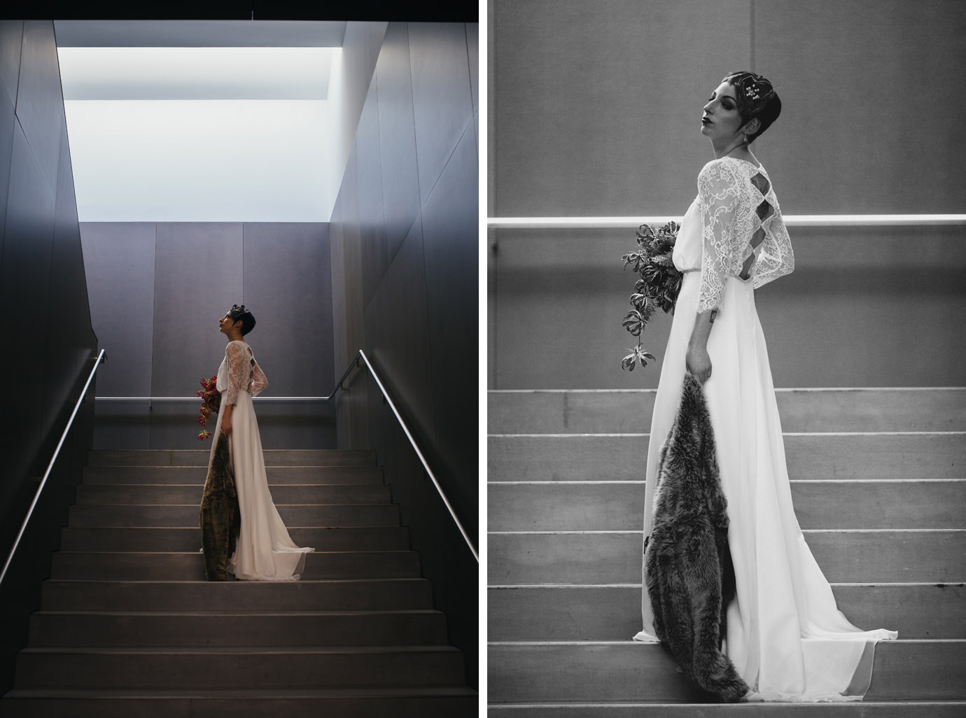 Elegant bridal portrait on staircase