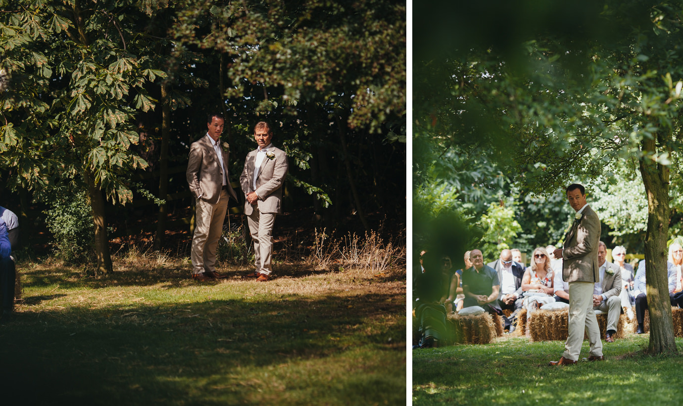 Groom waiting for bride, outdoor woodland wedding photography