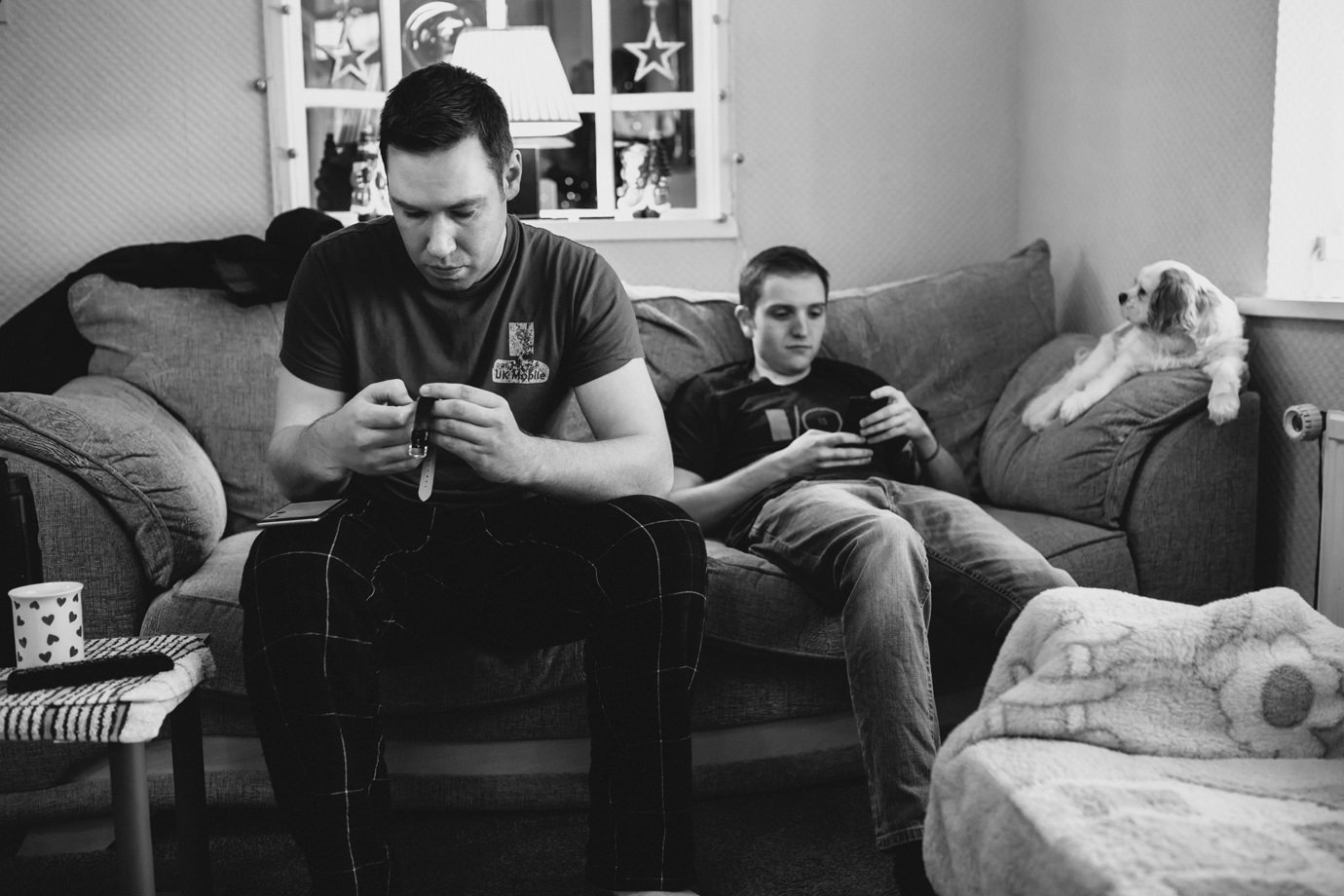 Groom and best man, relaxed groom prep, Manchester wedding photography