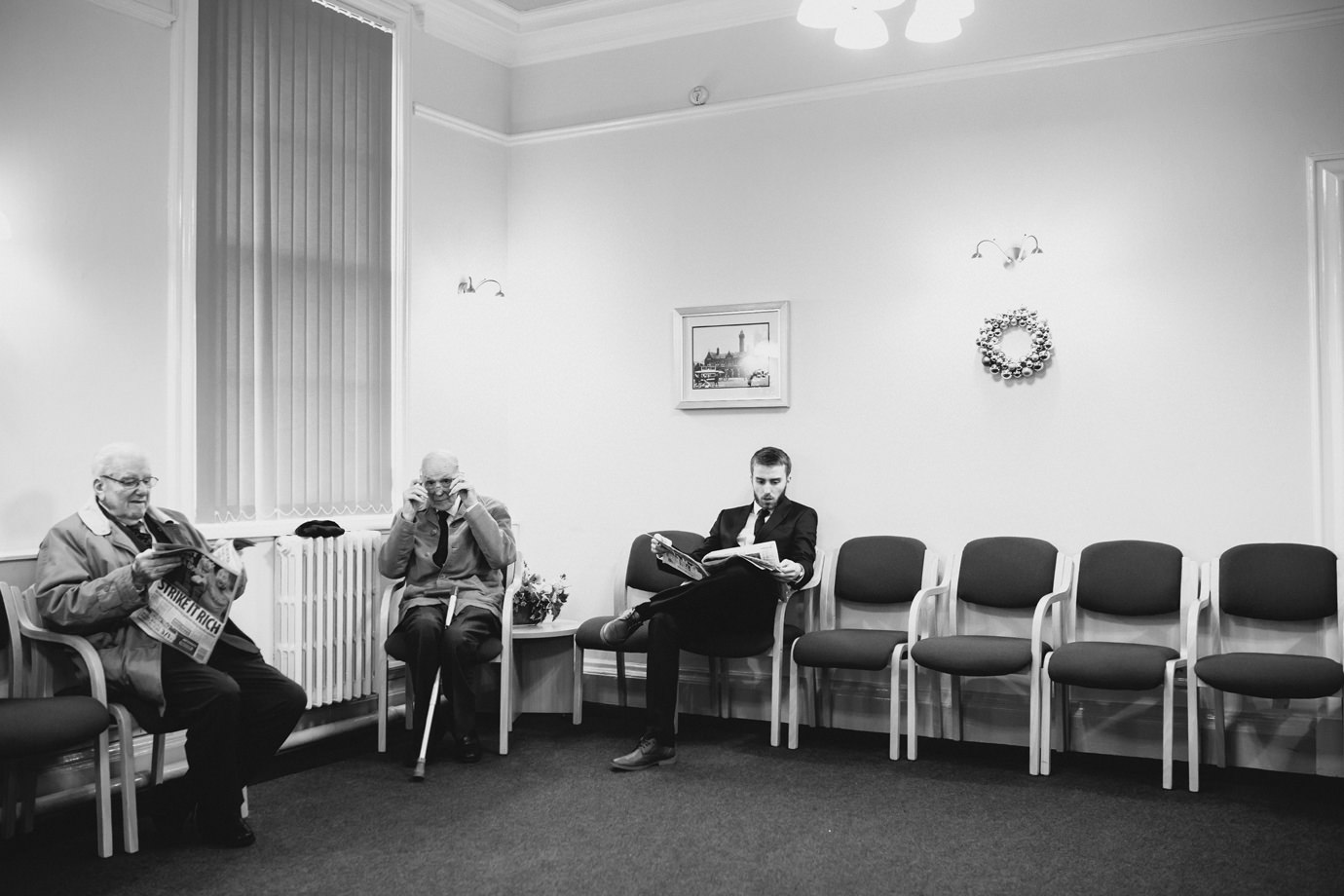 Stockport registry office waiting room, family and friends, wedding photography