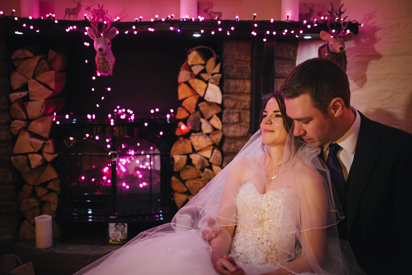 Bride and Groom portrait, festive wedding photography at Deanswater Hotel